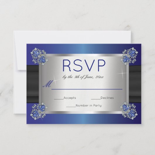 Elegante diamanten saffier sluiting blauw bruiloft RSVP kaartje (Voorkant)