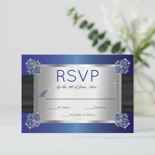 Elegante diamanten saffier sluiting blauw bruiloft RSVP kaartje (Staand voorkant)