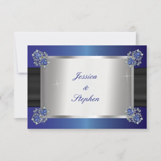 Elegante diamanten saffier sluiting blauw bruiloft RSVP kaartje (Achterkant)