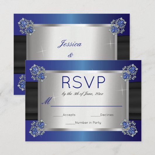 Elegante diamanten saffier sluiting blauw bruiloft RSVP kaartje (Voorkant / Achterkant)