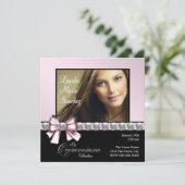 Elegante Diamond Pink Bow Foto Quinceanera Kaart (Staand voorkant)