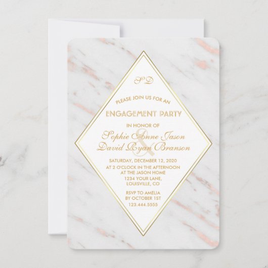 Elegante Diamond Roos Gold Marble Engagement Party Kaart (Voorkant)