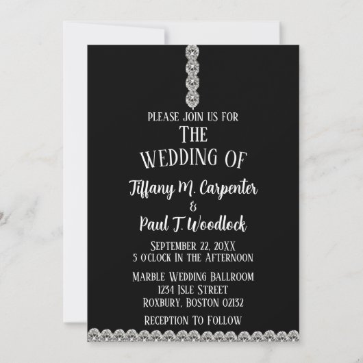 Elegante Diamond String Zwart & Wit Trouwen Kaart (Voorkant)