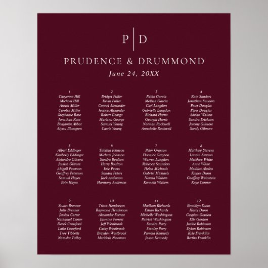 Elegante Diep Bourgondië Trouw Zittijd Chart Poster (Voorkant)