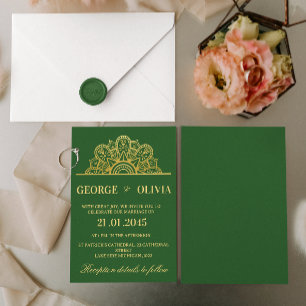 Elegante Diep Groen & Goud Mandala Indiase Trouw Kaart