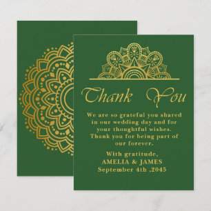 Elegante Diep Groen & Gouden Mandala Bruiloft Bedankkaart