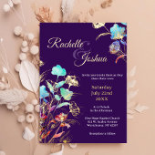 Elegante diep Paarse en gouden bloemenbruiloft Folie Uitnodiging