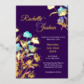 Elegante diep Paarse en gouden bloemenbruiloft Folie Uitnodiging (Voorkant)