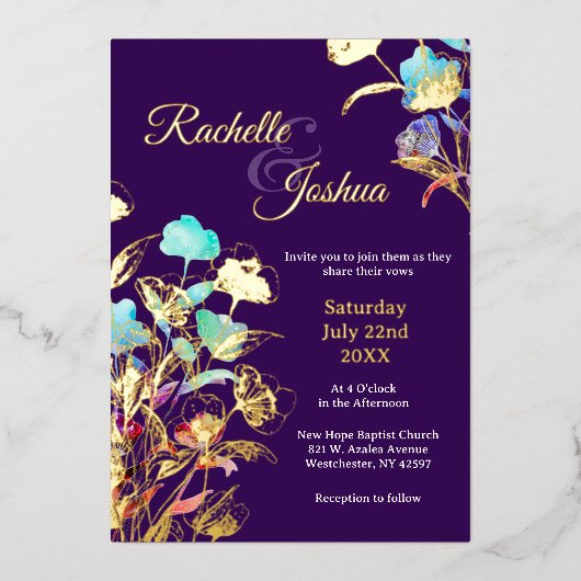Elegante diep Paarse en gouden bloemenbruiloft Folie Uitnodiging (Voorkant)
