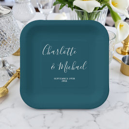 Elegante Diep Teal Schrift Minimalistische Trouw Papieren Bordje