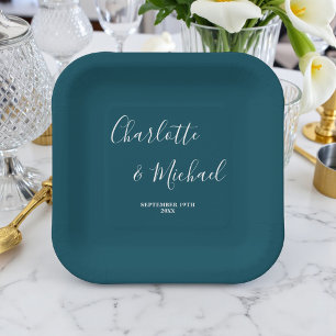 Elegante Diep Teal Schrift Minimalistische Trouw Papieren Bordje