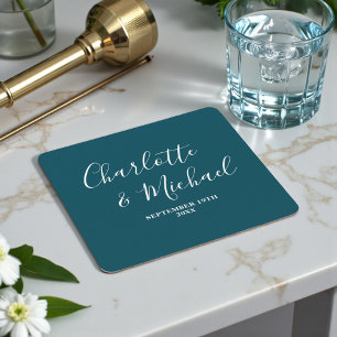 Elegante Diep Teal Schrift Minimalistische Trouwda Kartonnen Onderzetters