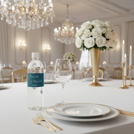 Elegante Diep Turquoise Script Minimalistische Tro Waterfles Etiket