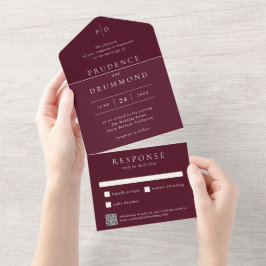 Elegante diepe bordeauxrode QR-code klassieke trou All In One Uitnodiging