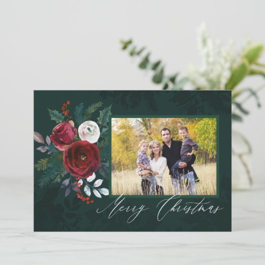 Elegante Diepgroene Bloemen "Vrolijk Kerstfeest" F Kaart (Staand voorkant)