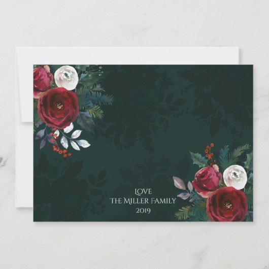 Elegante Diepgroene Bloemen "Vrolijk Kerstfeest" F Kaart (Achterkant)