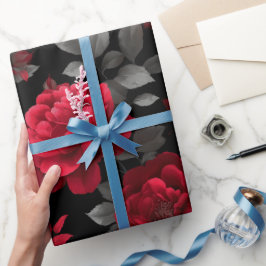 Elegante Dieprode Roos Zwarte Bloemmotief Cadeaupapier