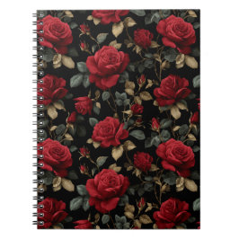 Elegante Dieprode Roos Zwarte Bloemmotief Notitieboek