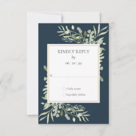 Elegante diepzee-blauwe groene bladeren trouw-RSVP RSVP Kaartje