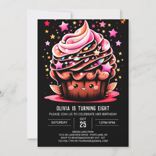 Elegante digitale cupcake meisje verjaardag kaart (Voorkant)