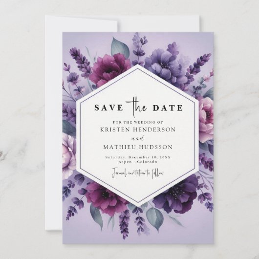 Elegante digitale Paarse bloemenbruiloft Save The Date (Voorkant)