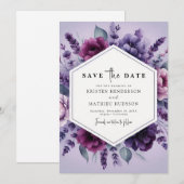 Elegante digitale Paarse bloemenbruiloft Save The Date (Voorkant / Achterkant)