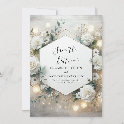 Elegante digitale witte rozen bruiloft save the date (Voorkant)