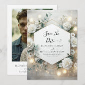 Elegante digitale witte rozen bruiloft save the date (Voorkant / Achterkant)