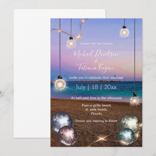 Elegante disco ballen gouden lichten strand bruilo kaart (Voorkant / Achterkant)