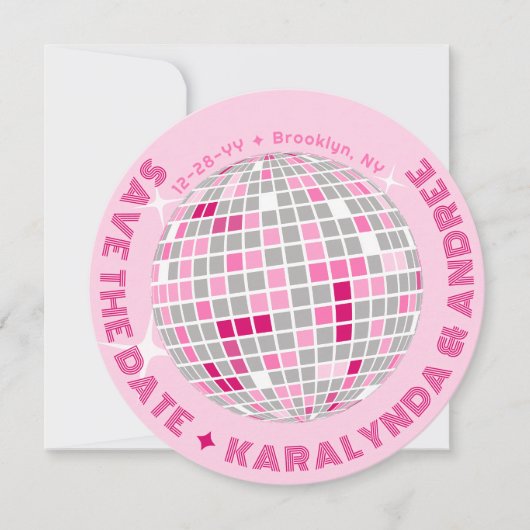 Elegante discobal roze ronde bruiloft save the date (Voorkant)
