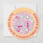 Elegante Discobal Roze Sinaasappel Ronde bruiloft Save The Date (Voorkant)