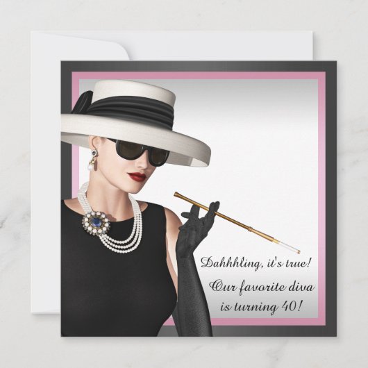 Elegante diva roze en zwart 40e verjaardag kaart (Voorkant)