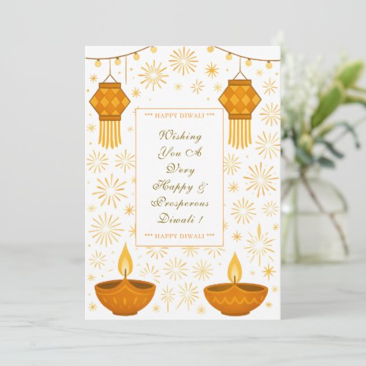 Elegante Diwali lampen en lantaarn met vuurwerk Kaart (Staand voorkant)