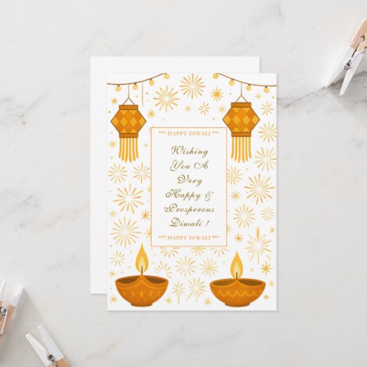 Elegante Diwali lampen en lantaarn met vuurwerk Kaart (Voorkant / Achterkant in situ)