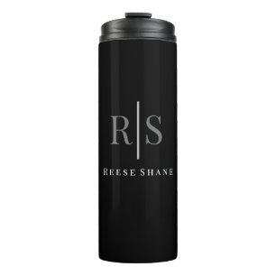 Elegante DIY grijze monogram & witte naam, zwart Thermosbeker