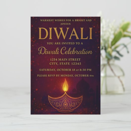Elegante Diya & Gold Script Diwali-viering Kaart (Staand voorkant)