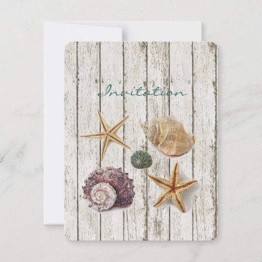 elegante dok houten schelpen strand bruiloft kaart (Voorkant)