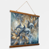 Elegante dolfijnen met gouden bloemengolven hangend wandkleed (Gebogen)