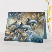 Elegante dolfijnen met gouden bloemengolven kaart (Gele Bloem)