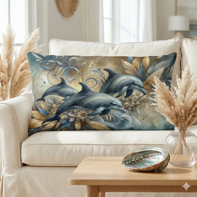 Elegante dolfijnen met gouden bloemengolven kussen (Elegant Dolphins with Golden Floral Waves Lumbar Pillow Mockup A)