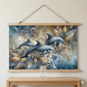 Elegante Dolfijnen met Gouden Bloemgolven Hangend Wandkleed