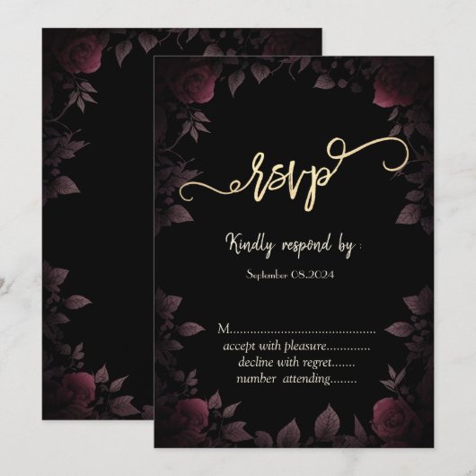 Elegante donker bordeauxrozen Zwarte RSVP   Kaart (Voorkant / Achterkant)