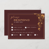 Elegante donker burgundyrood en gouden bladwerk RSVP kaartje (Voorkant / Achterkant)