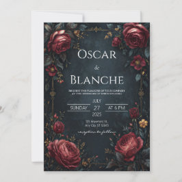 Elegante donker marine rood bloemmotief gouden tro kaart