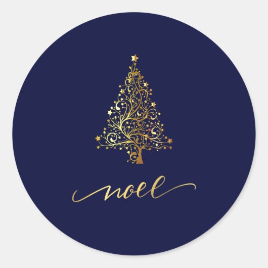 Elegante donker marineblauwe en gouden kerstboom N Ronde Sticker (Voorkant)
