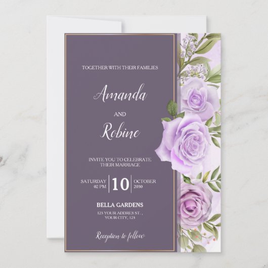 Elegante Donker Paarse Bloemen Huwelijksuitnodigin Kaart (Voorkant)