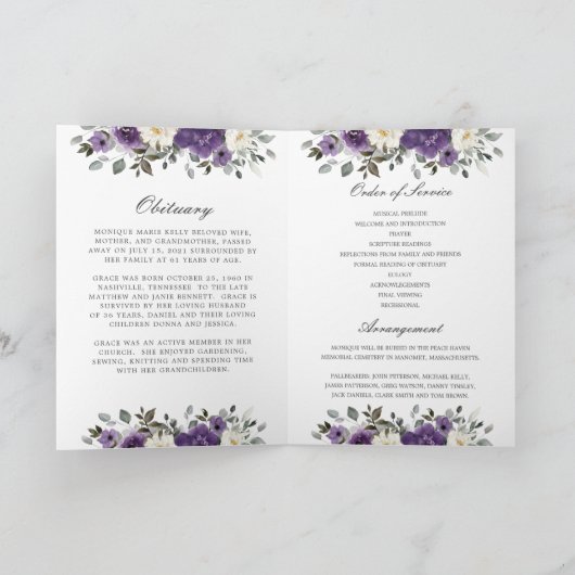 Elegante donker Paarse ivoor bloemenfoto begrafeni Programma (Binnen)