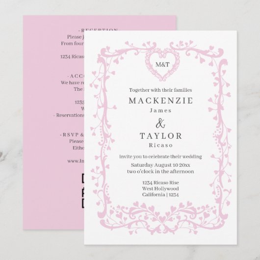 Elegante Donker Roze Trouw Franse Frame Hart Kaart (Voorkant / Achterkant)