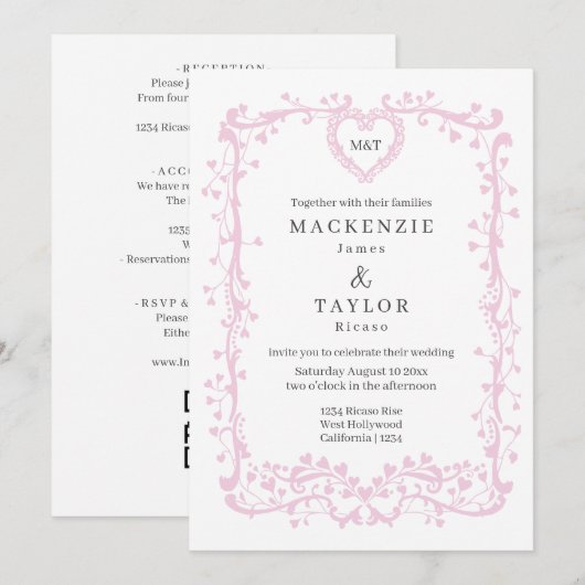 Elegante Donker Roze Trouw Franse Frame Hart Kaart (Voorkant / Achterkant)