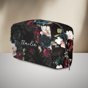 Elegante donker turkoois rode bloemige monogram toilettasje